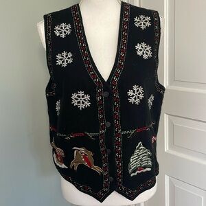 New Directions Black V-Neck Sweater Vest with Snowflake Embroidery